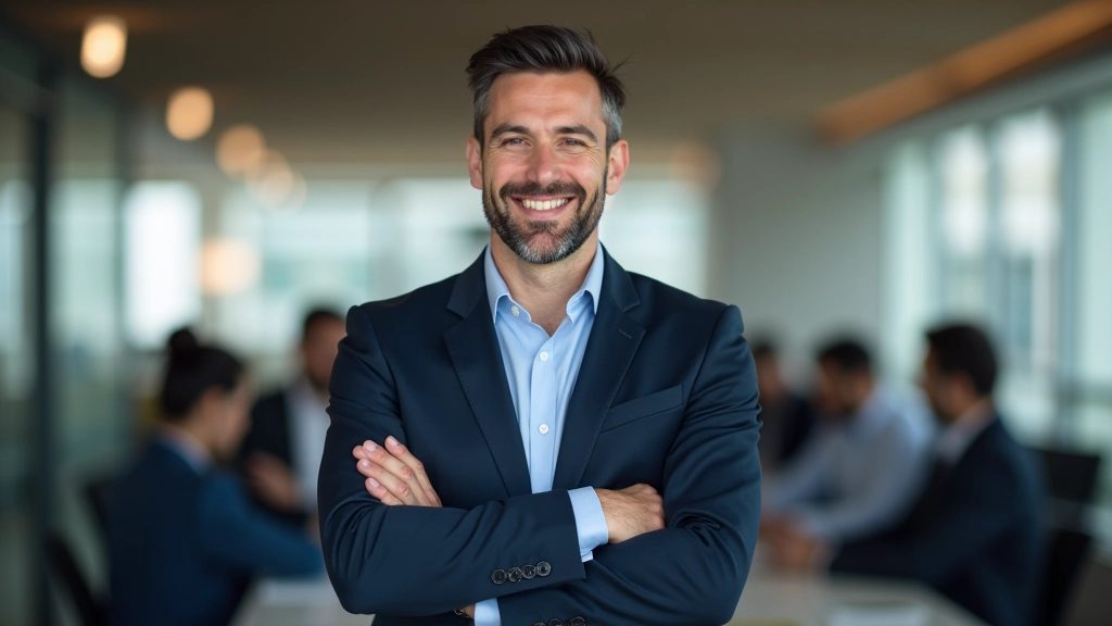 Líder inspirador apresentando visão estratégica para a equipa num ambiente moderno e positivo