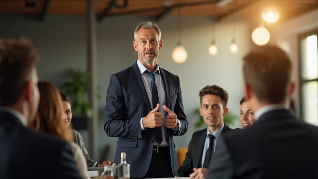 Líder inspirador motivando e orientando a sua equipa com visão clara e energia positiva