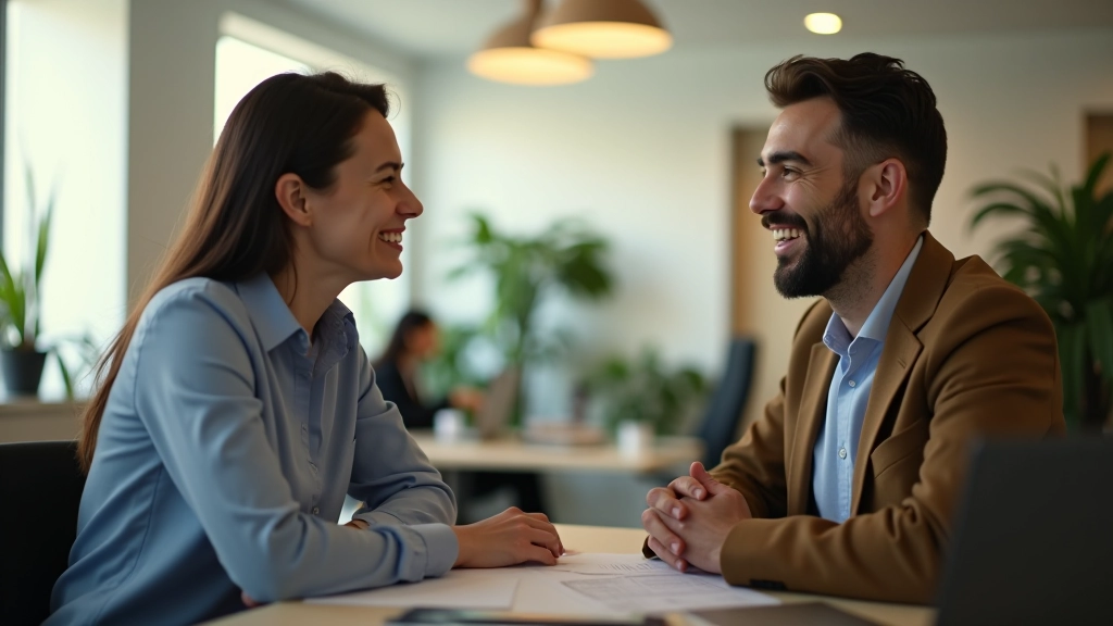 Dois profissionais em conversa produtiva em ambiente de trabalho colaborativo