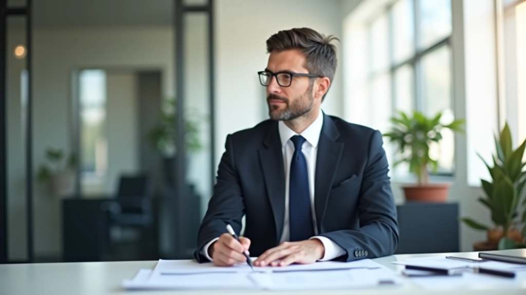 Profissional em ambiente corporativo moderno com documentos estratégicos