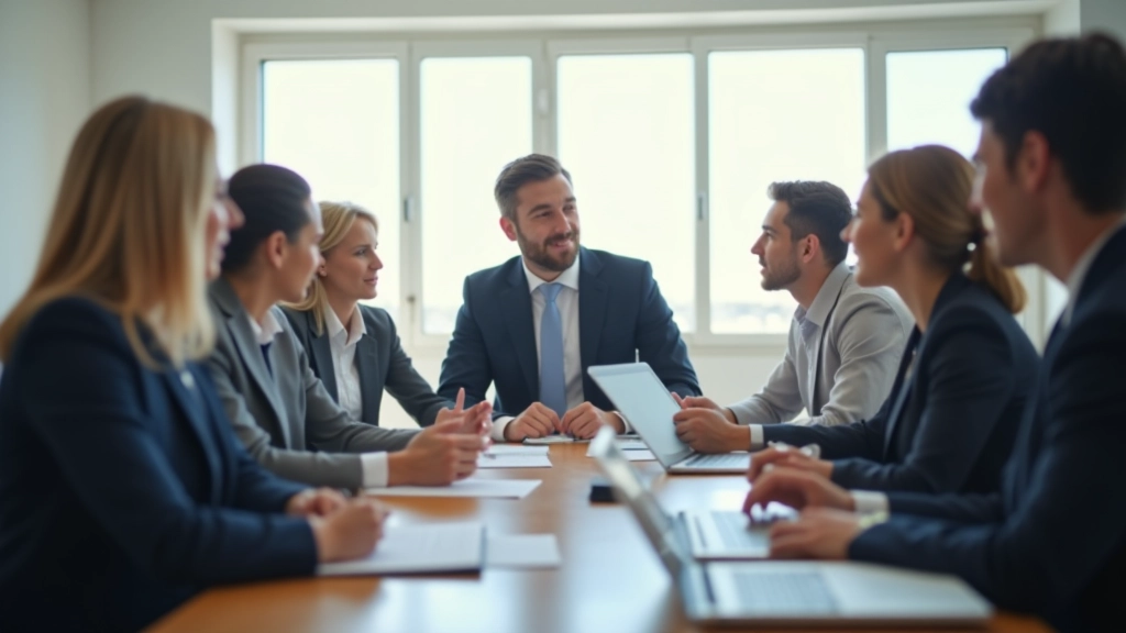 Ambiente de formação em liderança com profissionais em discussão estratégica