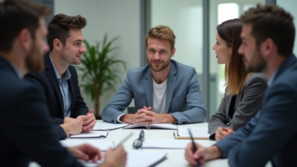 Grupo de profissionais em reunião estratégica, discutindo decisões importantes com papéis e gráficos na mesa